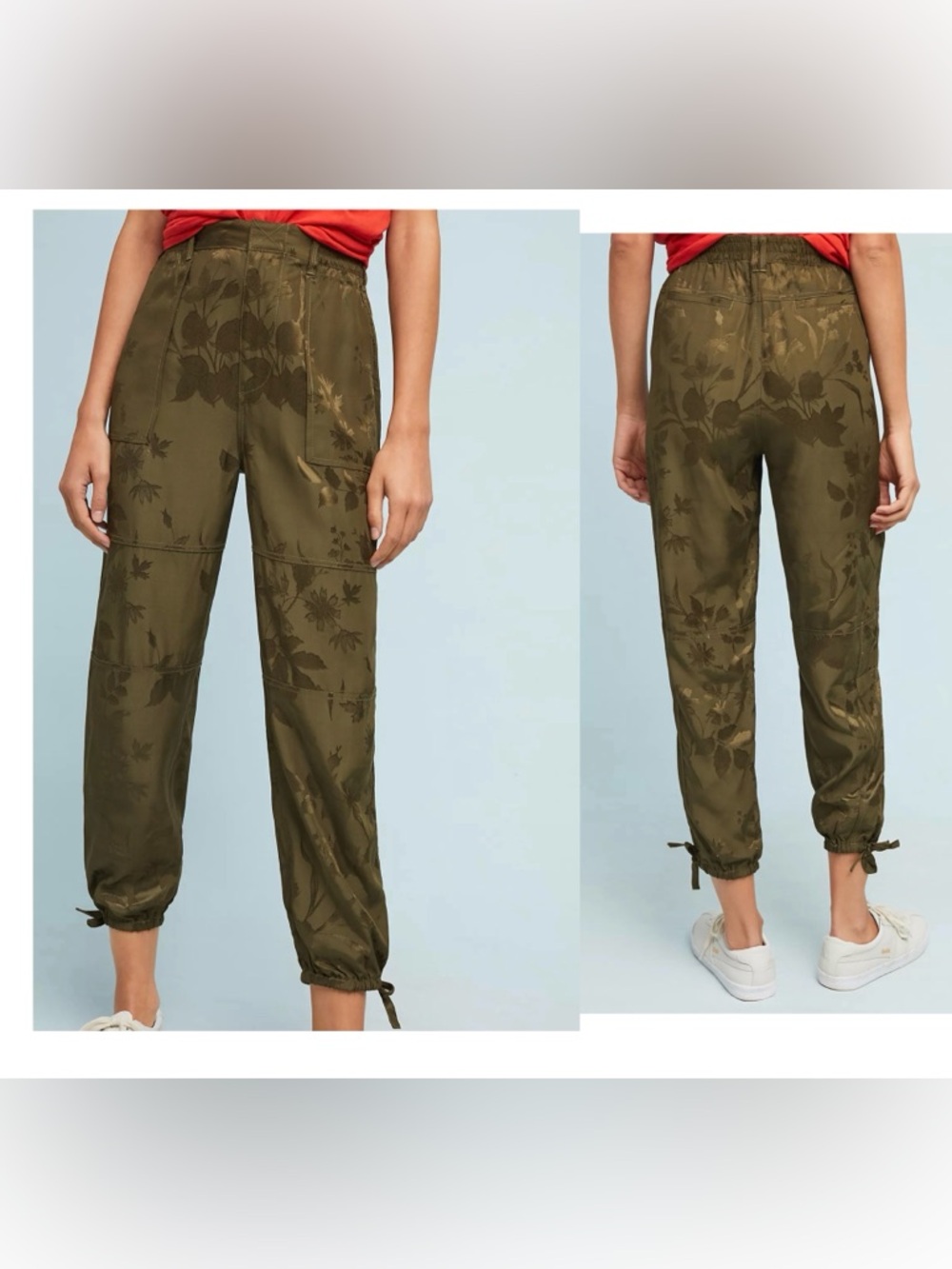 Anthropologie Silky Utility Floral Jacquard Cargo Joggers Pants green high-rise